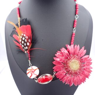 Collar de Rosa Lora con Plumas Reales y Plata 925