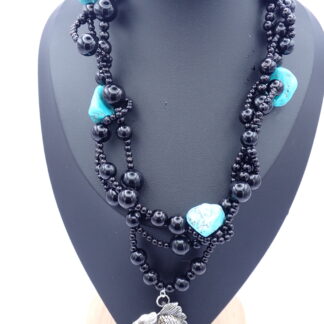 Collar de Cuentas Negras, Turquesa y Plata 925