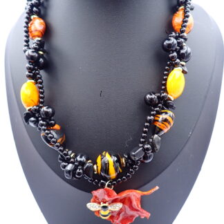 Collar Artesanal de Cristales con Obsidiana Negra y Pétalo de Flamboyán - Oro 14k