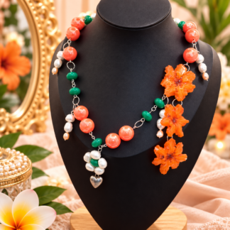 Orange Floral Necklace with Genuine Freshwater Pearls / Collar floral Naranja con Perlas autenticas de agua dulce