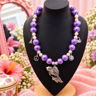Purple Beaded Necklace with Stainless Steel Fish Pendant /Collar de cuentas moradas con dije de pez en acero inoxidable .