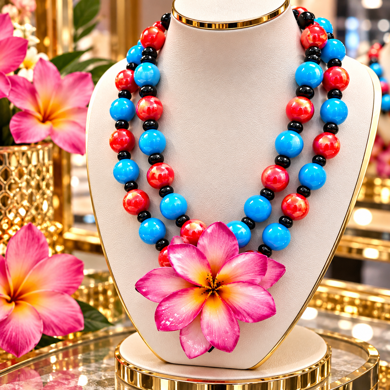 Double Pink Plumeria Statement Necklace / Collar llamativo con doble Plumeria Rosa . - Image 4