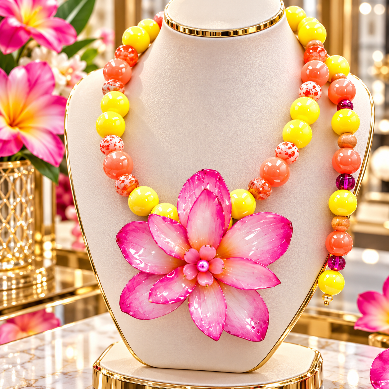 Double Pink Plumeria Necklace with Sunset Colored Beads / Collar con doble plumeria Rosa y cuentas en tonos calidos . - Image 3