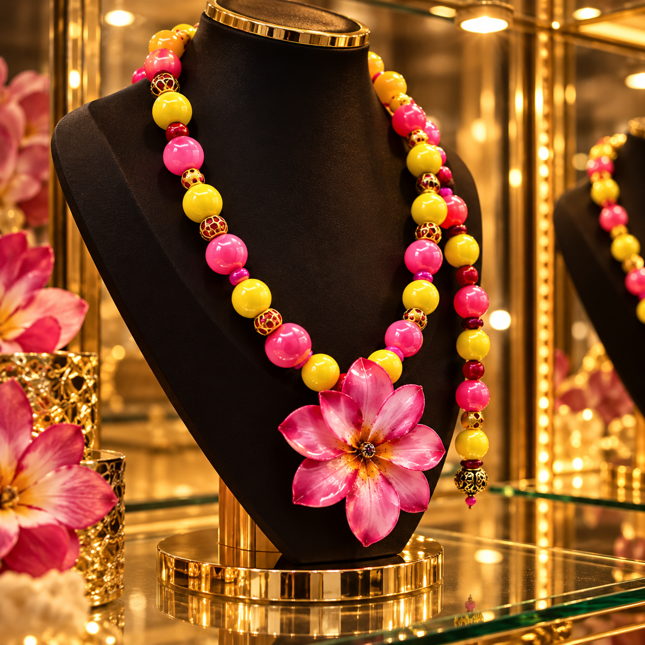 Double Plumeria Flower Necklace in Pink and Yellow / Collar rosa y amarillo con dos flores de plumeria . - Image 2