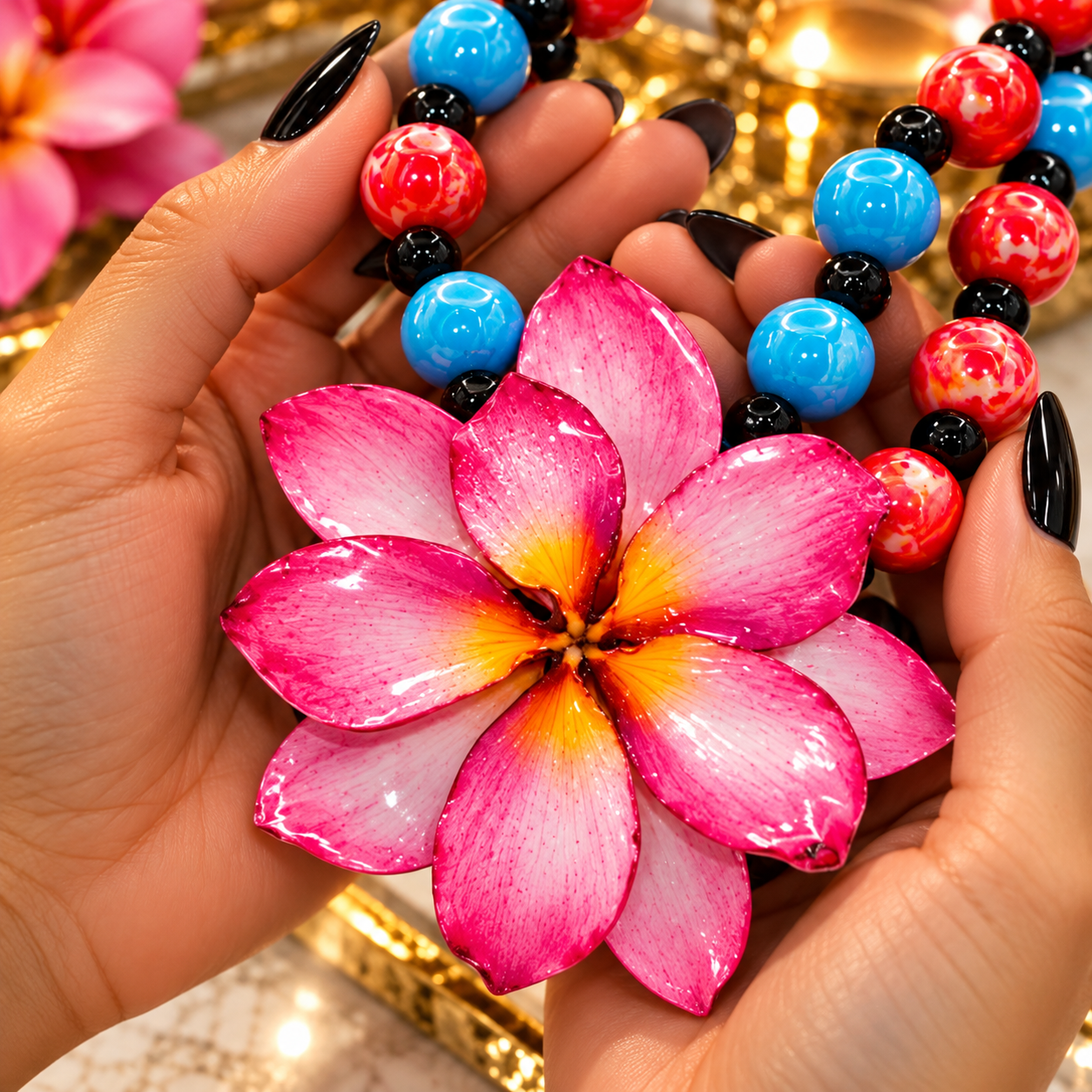Double Pink Plumeria Statement Necklace / Collar llamativo con doble Plumeria Rosa . - Image 2