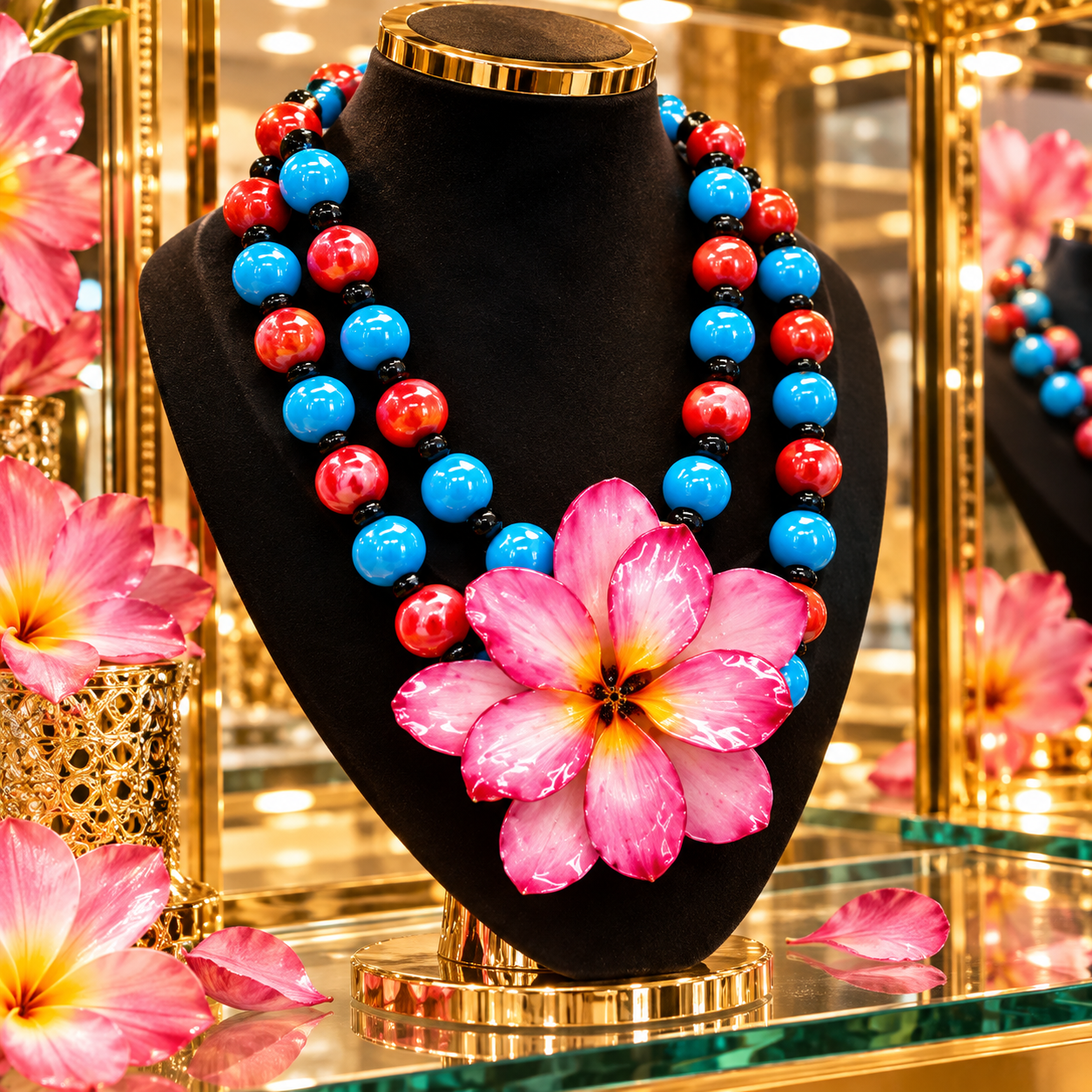 Double Pink Plumeria Statement Necklace / Collar llamativo con doble Plumeria Rosa . - Image 3