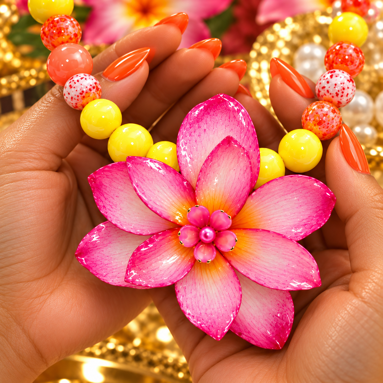 Double Pink Plumeria Necklace with Sunset Colored Beads / Collar con doble plumeria Rosa y cuentas en tonos calidos . - Image 2