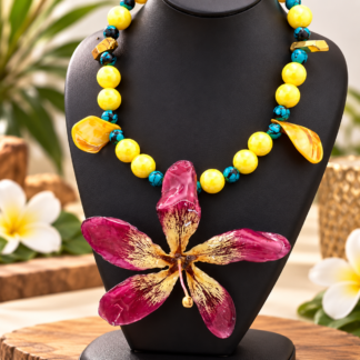 Florida Ceiba Flower Necklace with yellow Sea Coral / Collar con flor de Ceiba de la Florida y Coral marino amarillo .