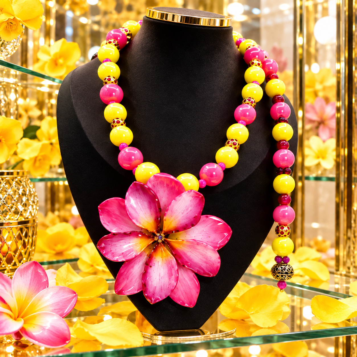 Double Plumeria Flower Necklace in Pink and Yellow / Collar rosa y amarillo con dos flores de plumeria . - Image 4