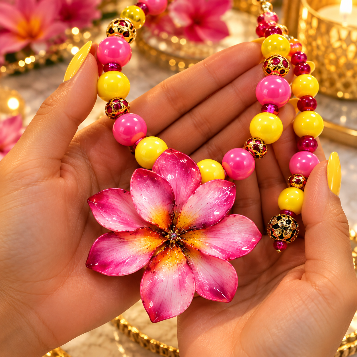 Double Plumeria Flower Necklace in Pink and Yellow / Collar rosa y amarillo con dos flores de plumeria . - Image 3