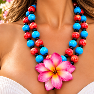 Double Pink Plumeria Statement Necklace / Collar llamativo con doble Plumeria Rosa .
