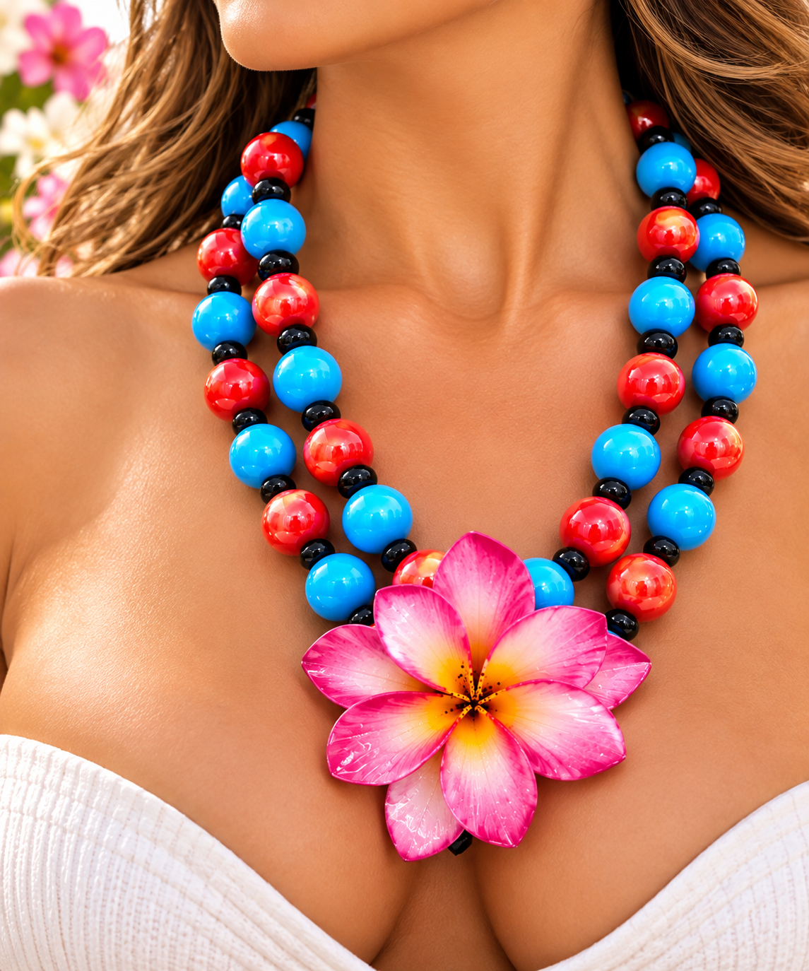 Double Pink Plumeria Statement Necklace / Collar llamativo con doble Plumeria Rosa .